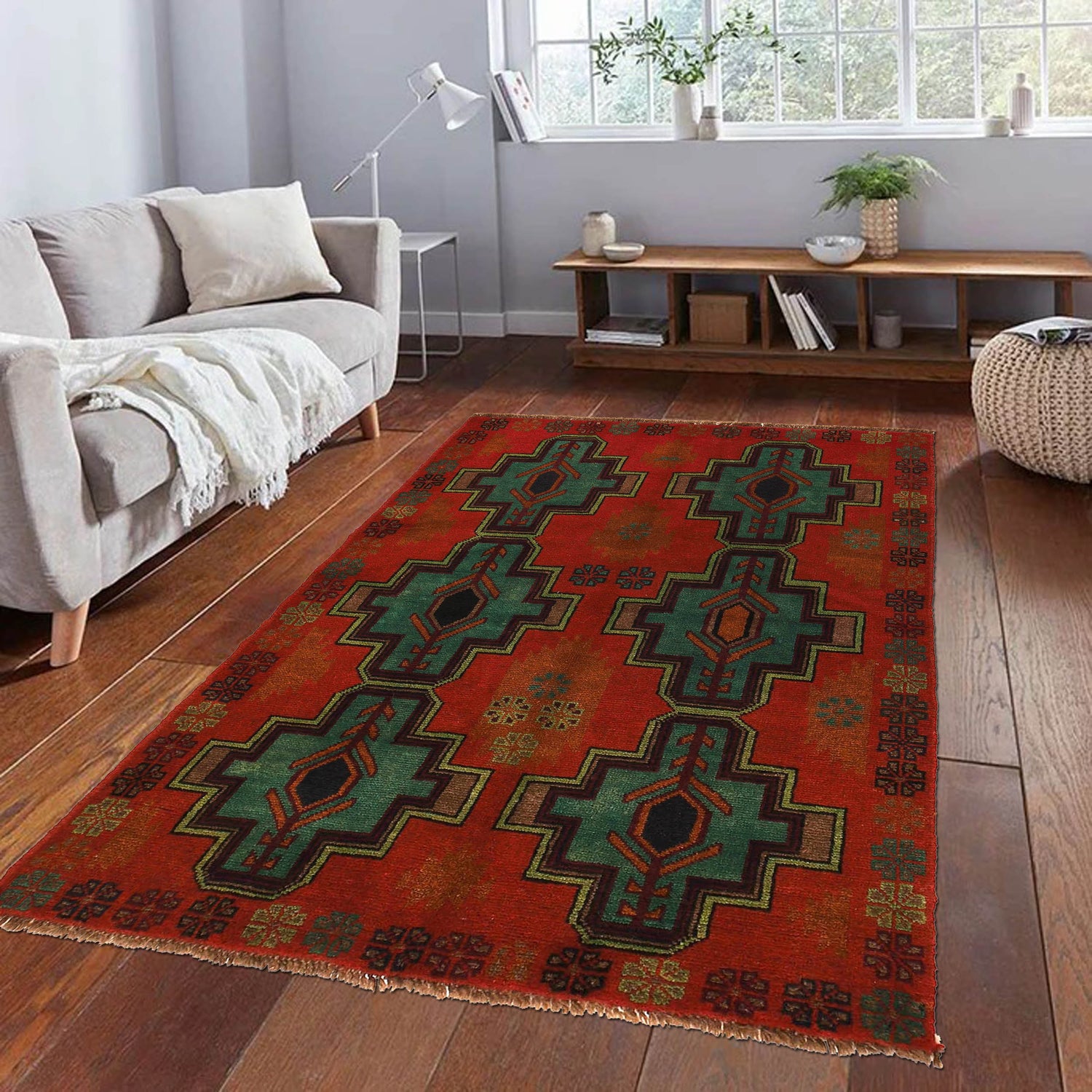 Baluchi Rug Handmade Red Floral 4x6 ft