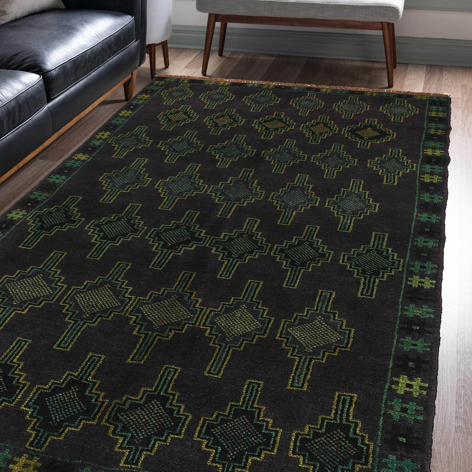 Baluchi Rug Handmade Black Floral 4x6 ft