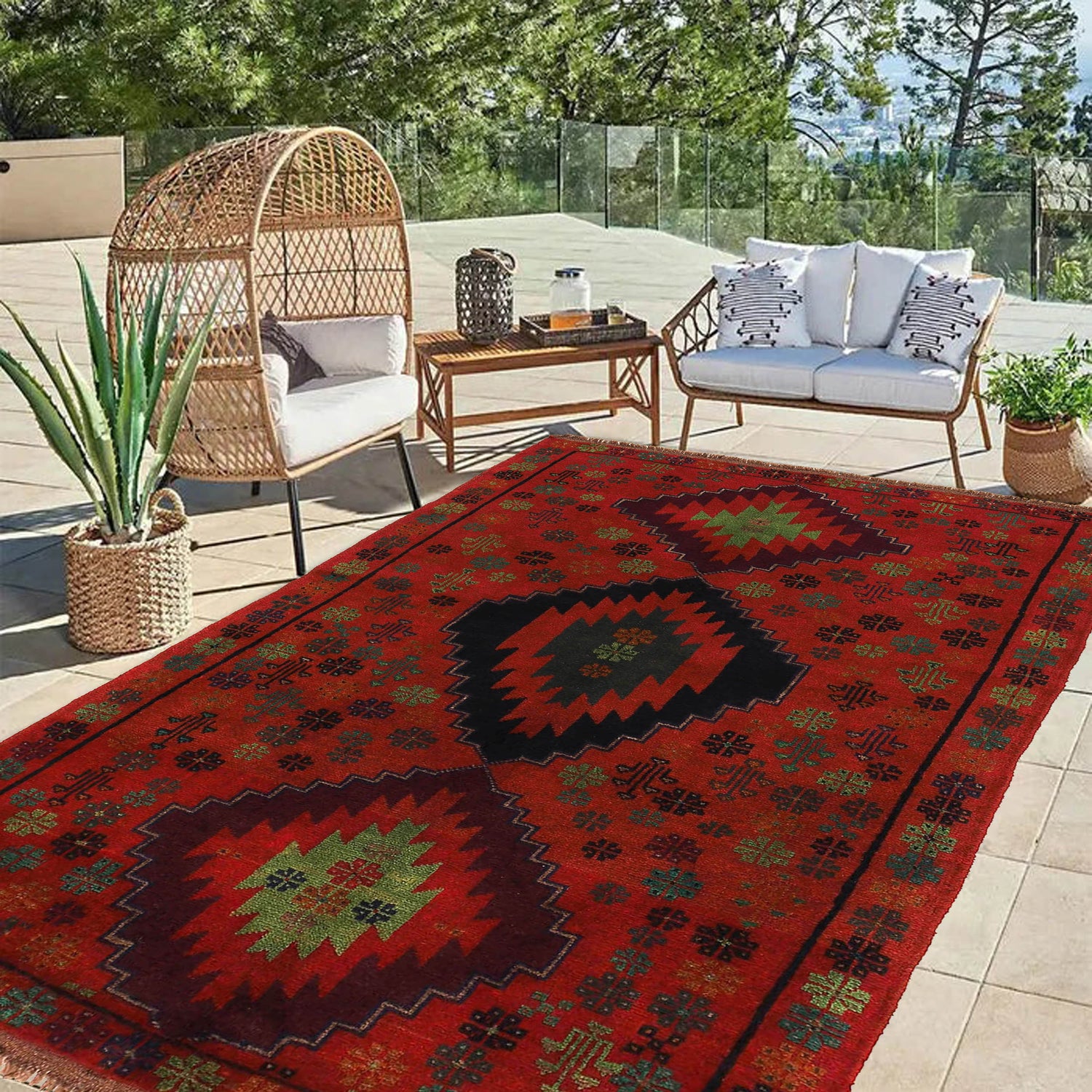 Baluchi Rug Handmade Red Floral 4x6 ft