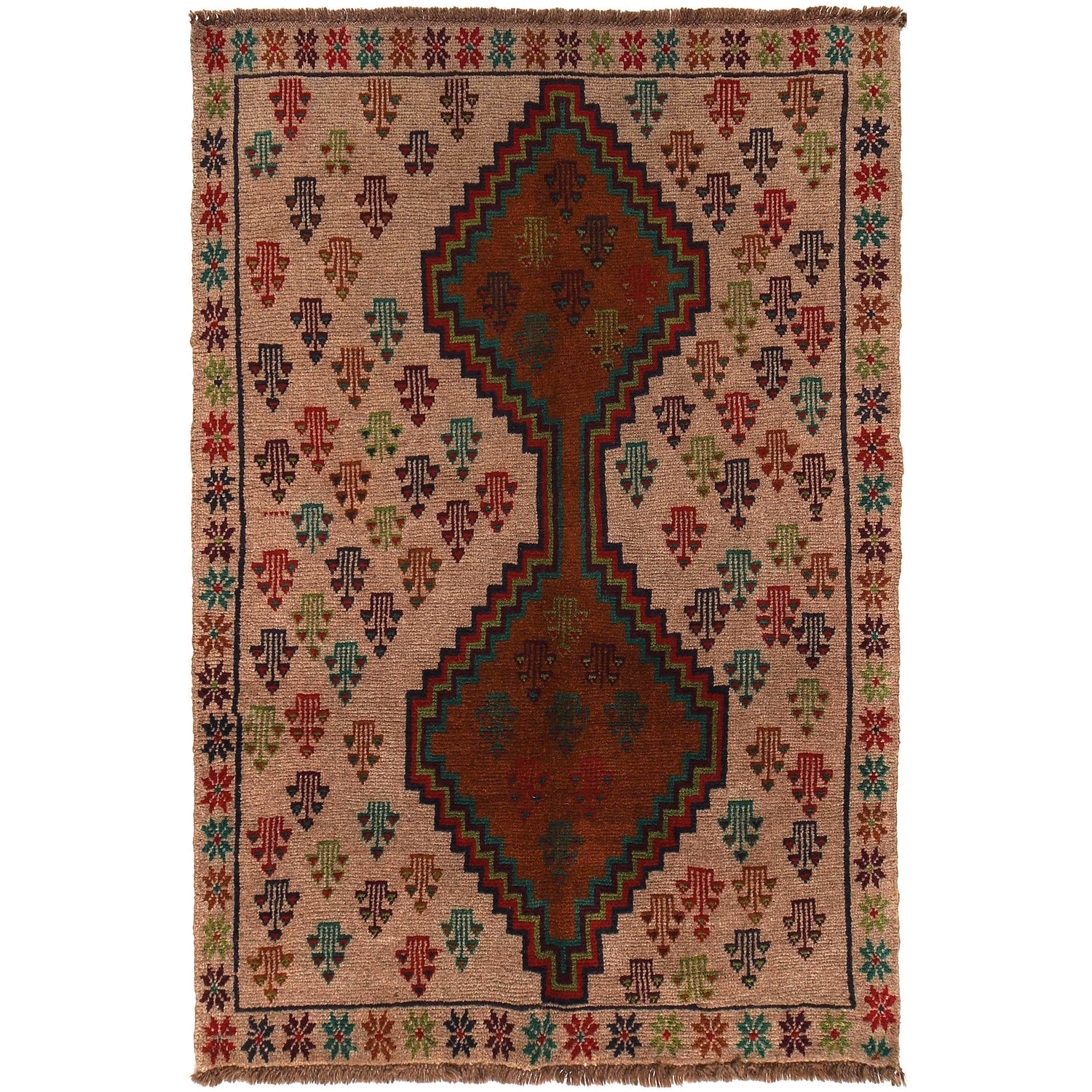 Baluchi Rug Handmade Tan Geometric 4x6 ft