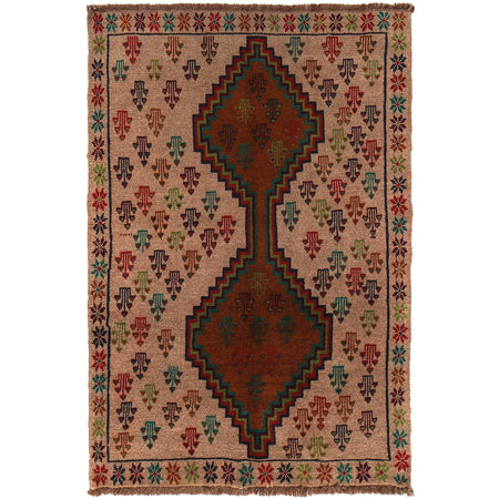 Baluchi Rug Handmade Tan Geometric 4x6 ft
