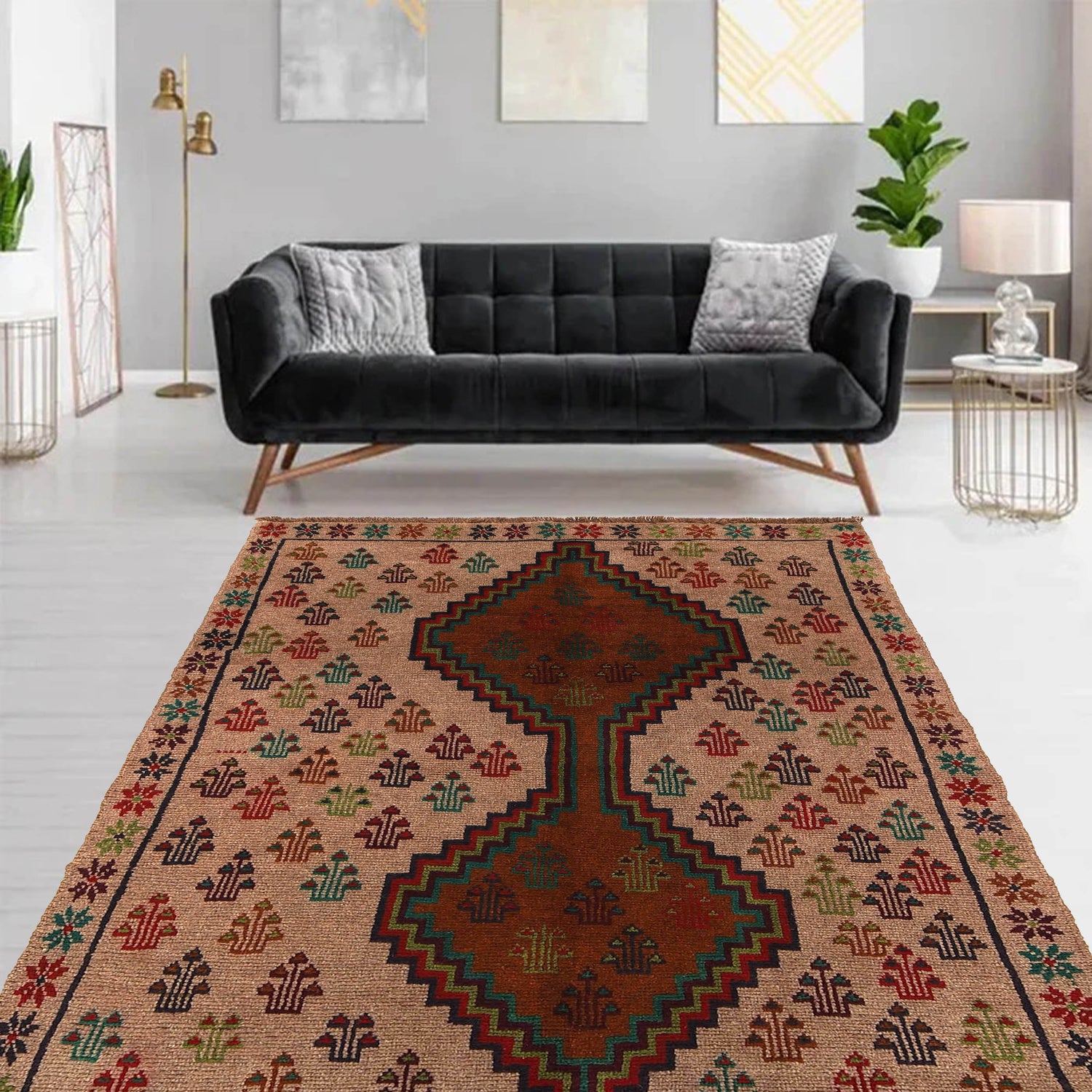 Baluchi Rug Handmade Tan Geometric 4x6 ft