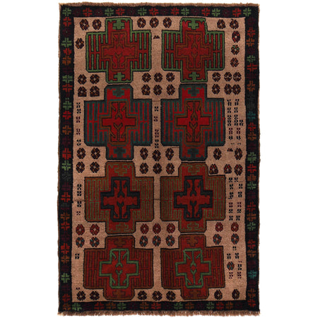 Baluchi Rug Handmade Tan Geometric 4x6 ft