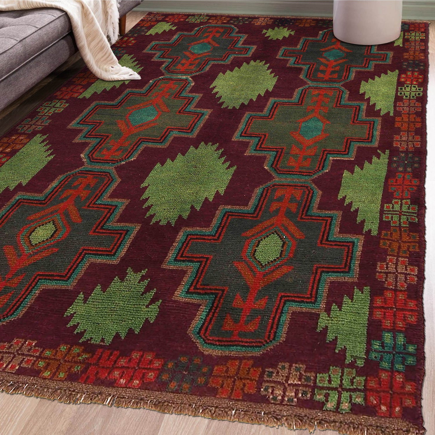 Baluchi Rug Handmade Dark Purple Geometric 4x6 ft