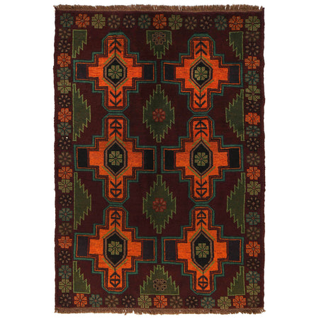 Baluchi Rug Handmade Dark Purple Geometric 4x6 ft