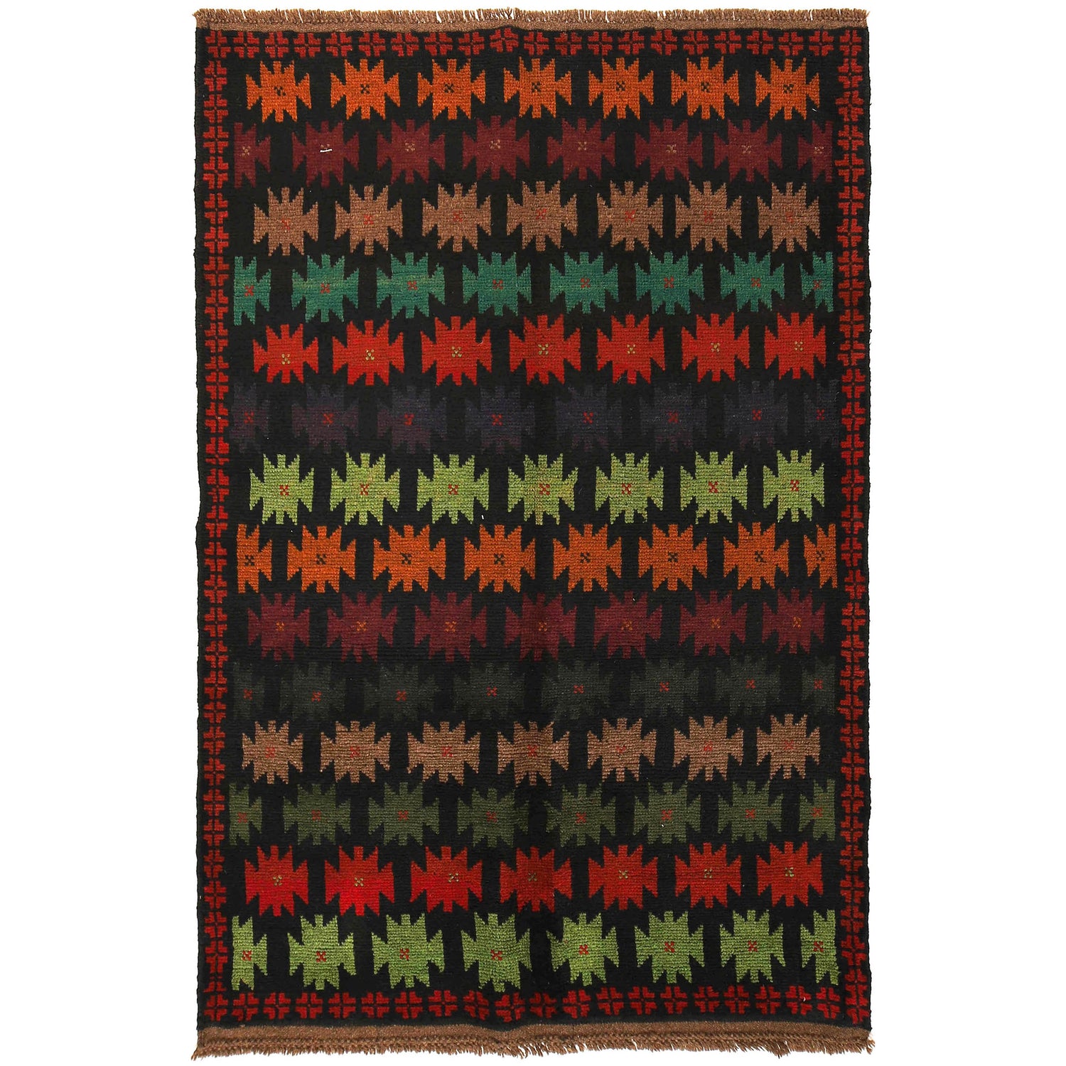 Baluchi Rug Handmade Black Floral 4x6 ft