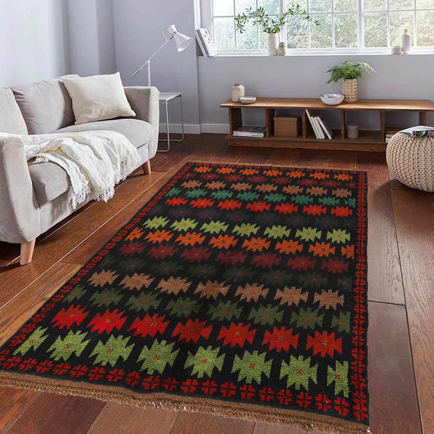 Baluchi Rug Handmade Black Floral 4x6 ft