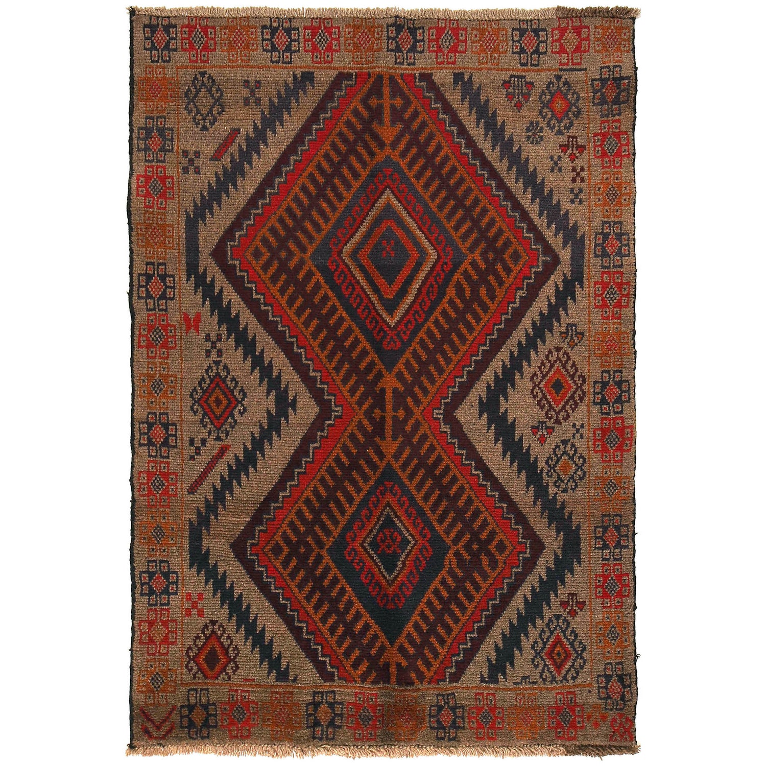 Baluchi Rug Handmade Tan Geometric 4x6 ft
