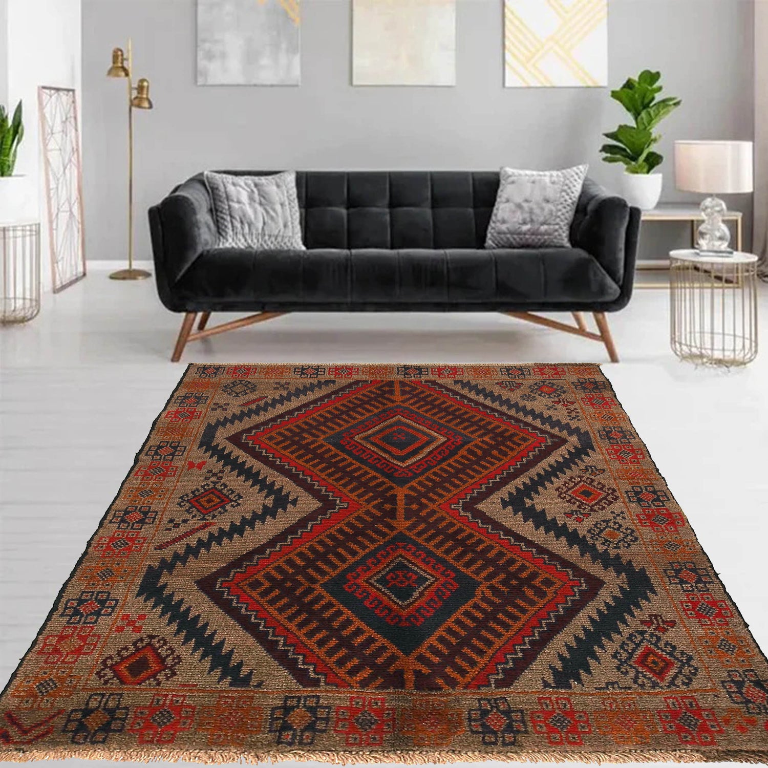 Baluchi Rug Handmade Tan Geometric 4x6 ft