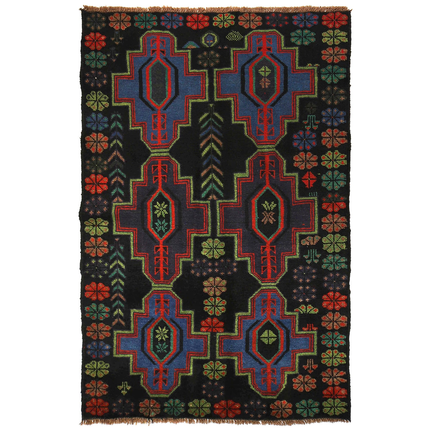 Baluchi Rug Handmade Black Geometric 4x6 ft