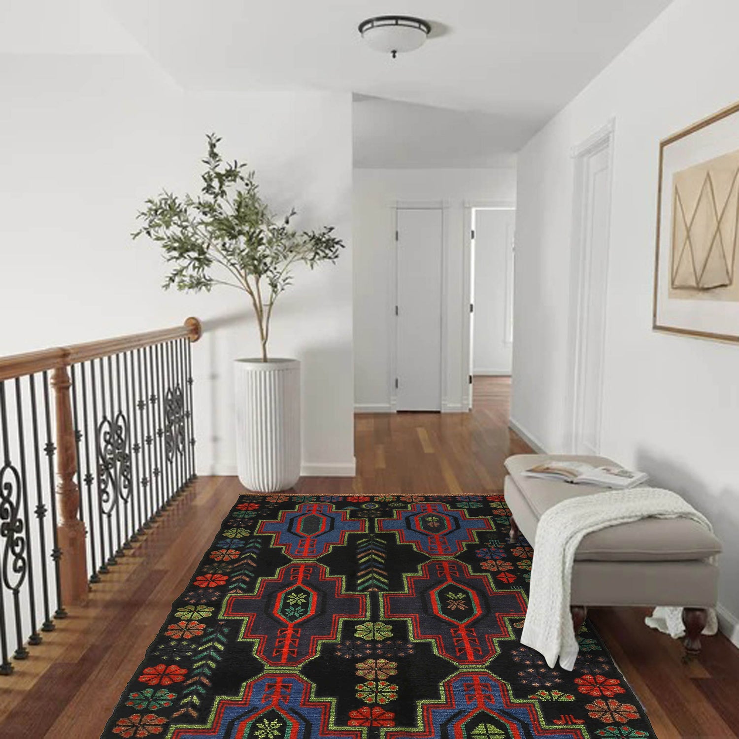 Baluchi Rug Handmade Black Geometric 4x6 ft