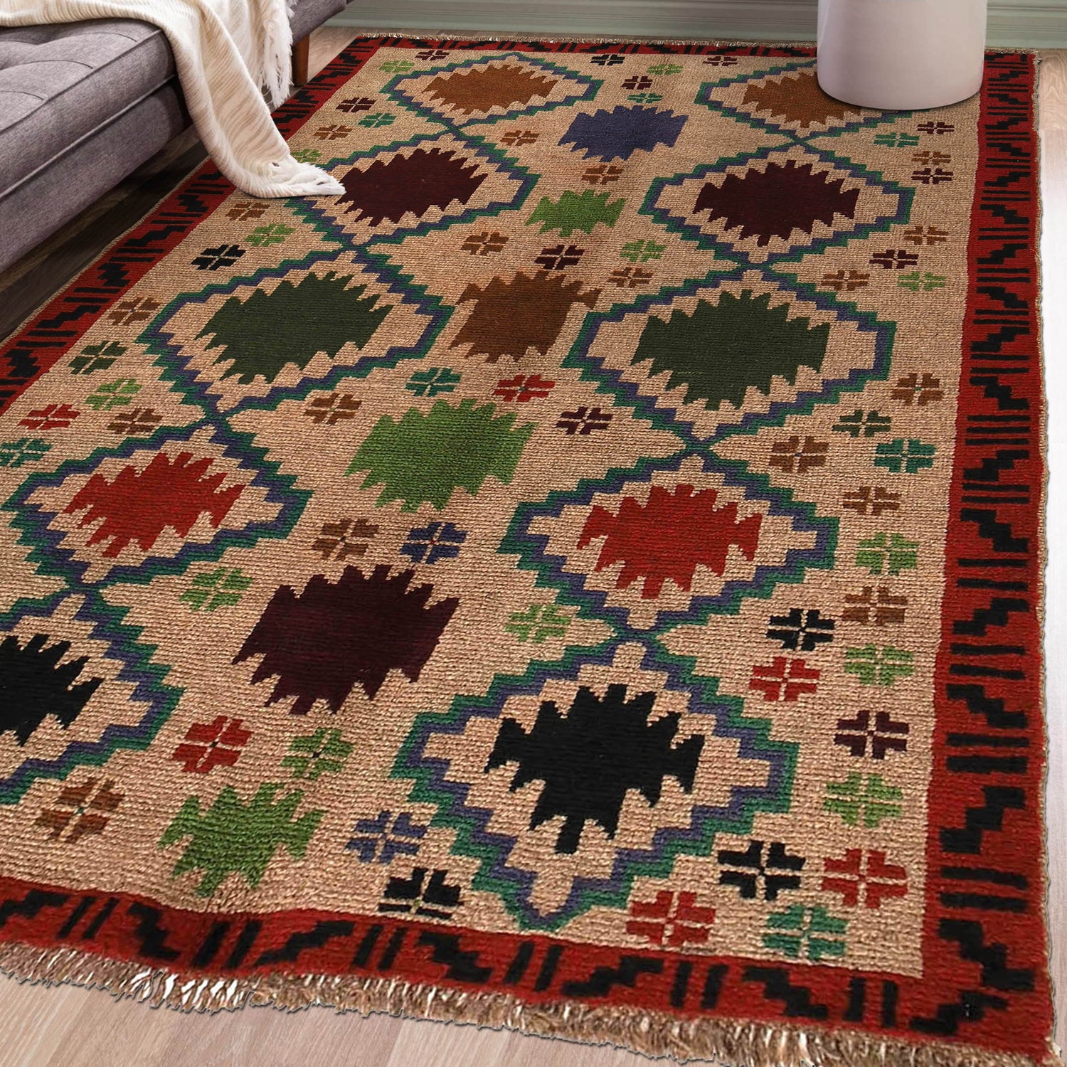 Baluchi Rug Handmade Tan Geometric 4x6 ft