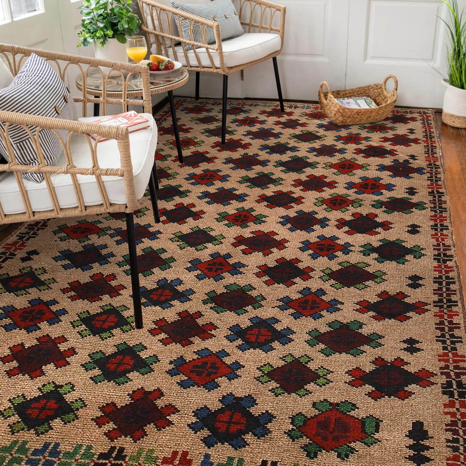 Baluchi Rug Handmade Tan Geometric 4x6 ft