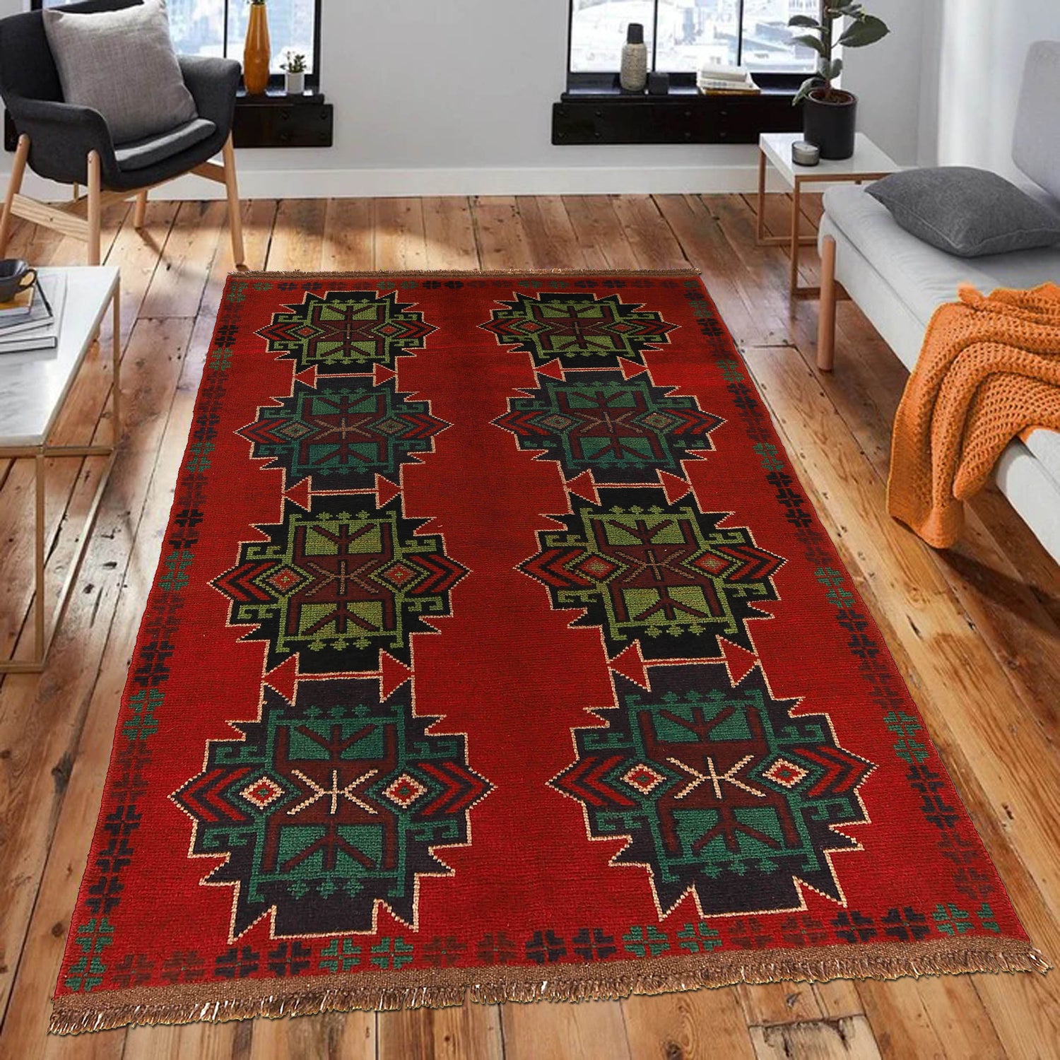 Baluchi Rug Handmade Red Geometric 4x6 ft