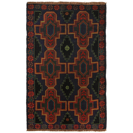 Baluchi Rug Handmade Dark Blue Geometric 4x6 ft