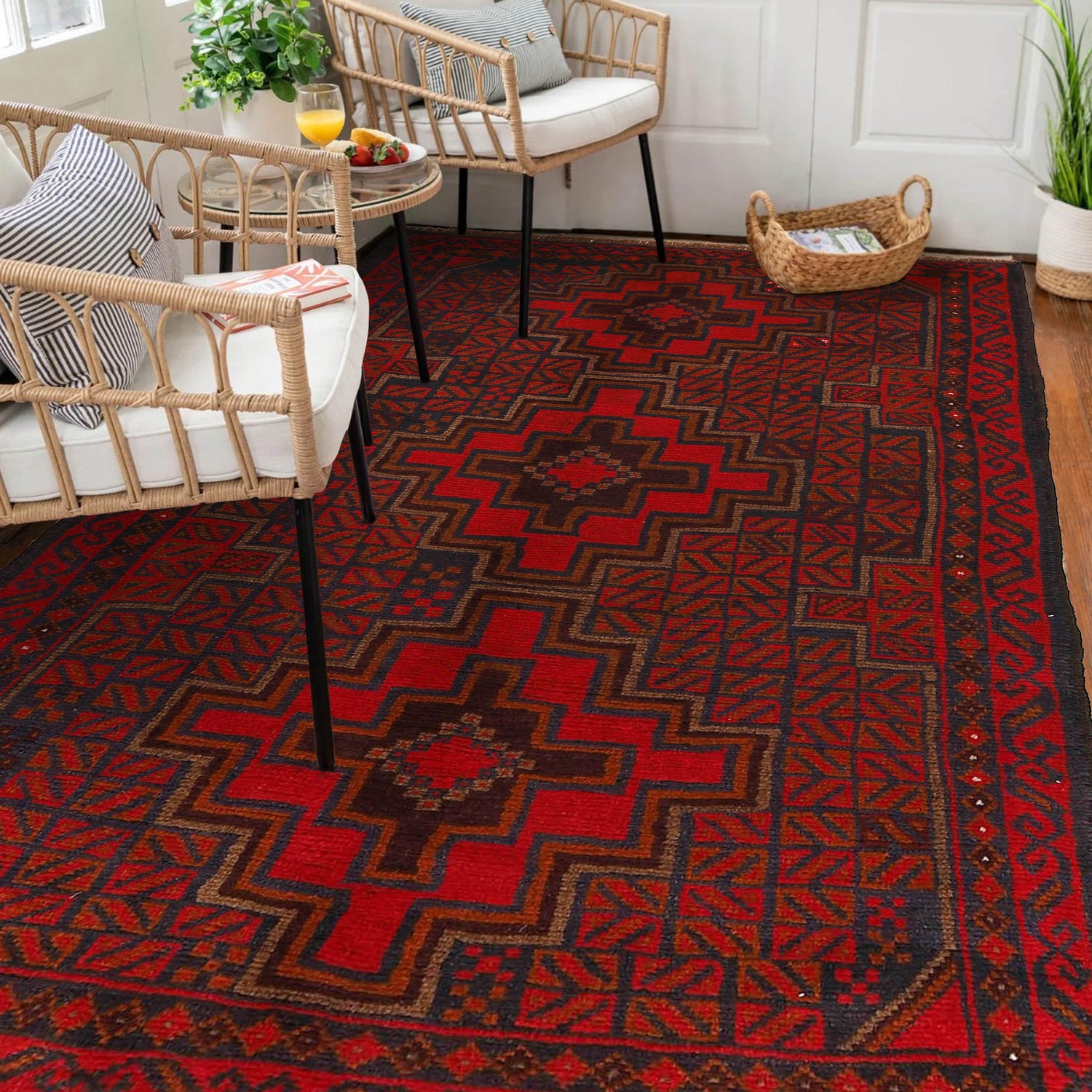 Baluchi Rug Handmade Red Geometric 4x6 ft