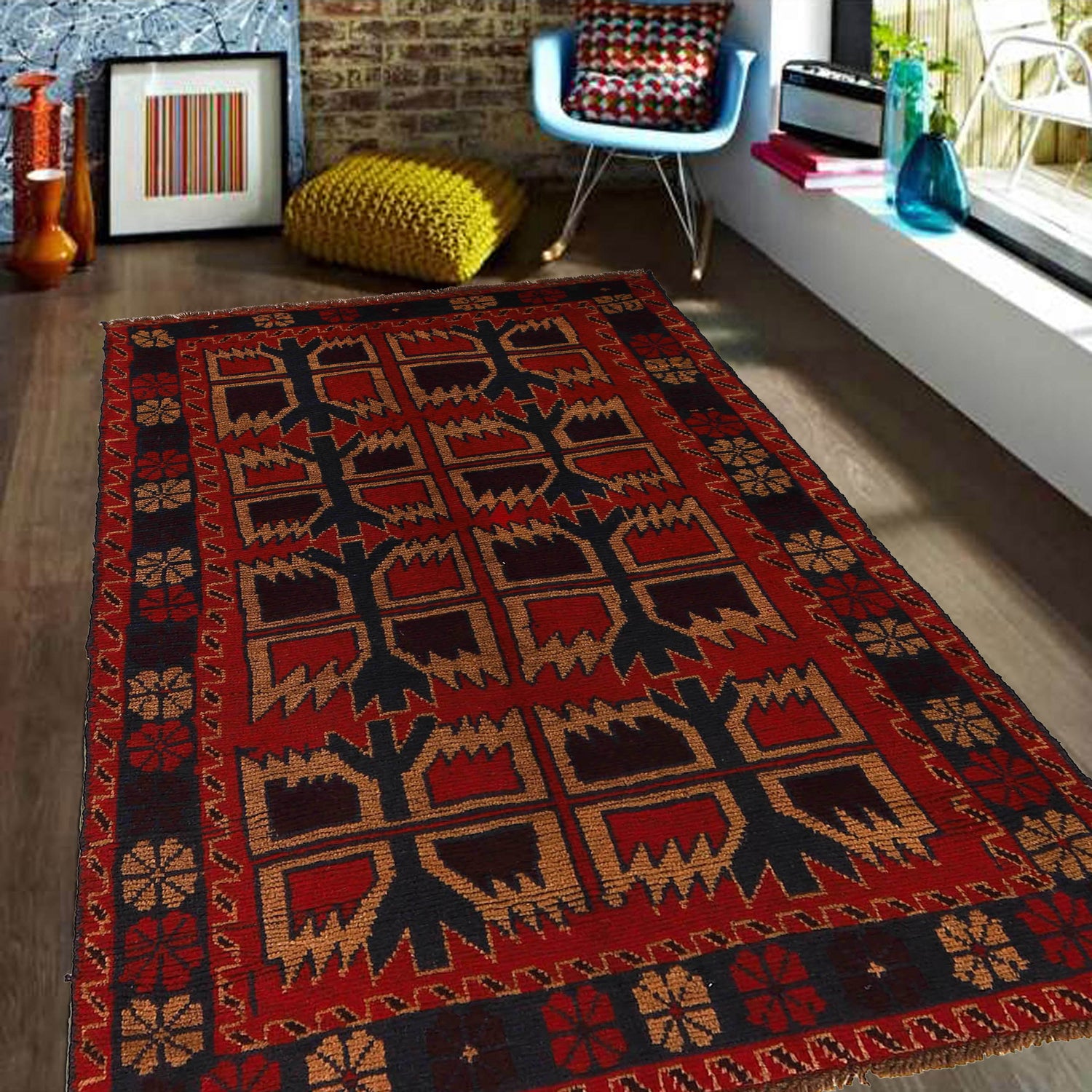 Baluchi Rug Handmade Red Floral 4x6 ft