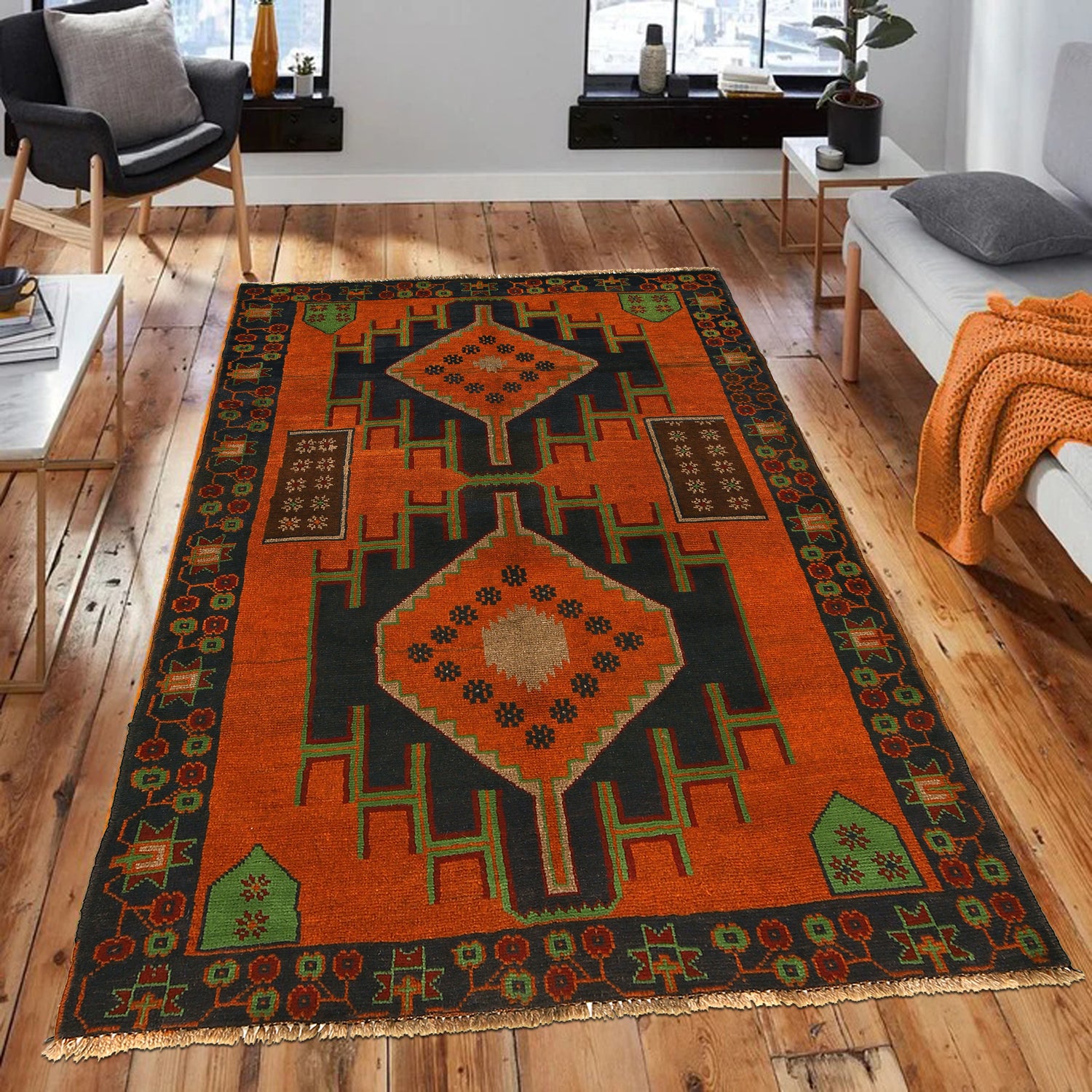 Baluchi Rug Handmade Orange Geometric 4x6 ft