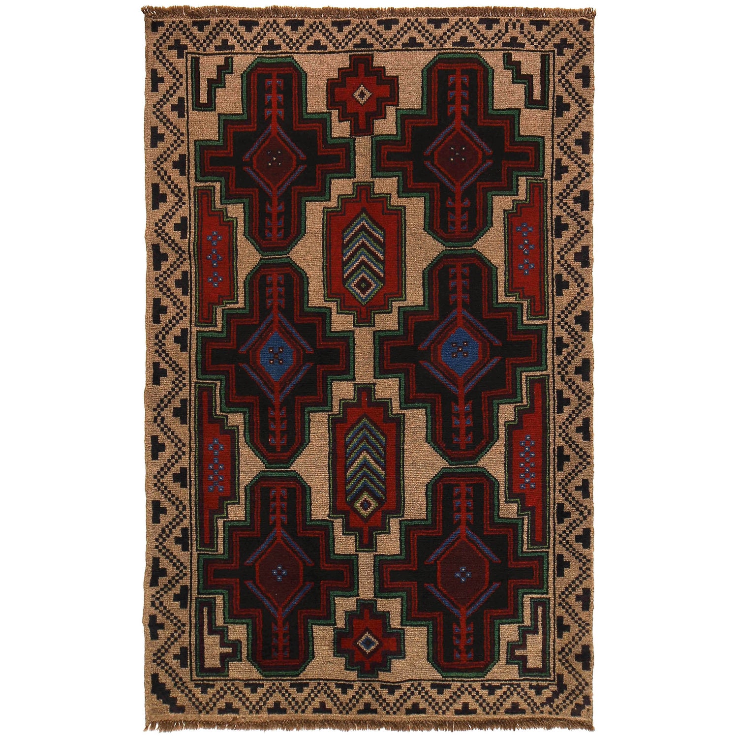 Baluchi Rug Handmade Tan Geometric 4x6 ft