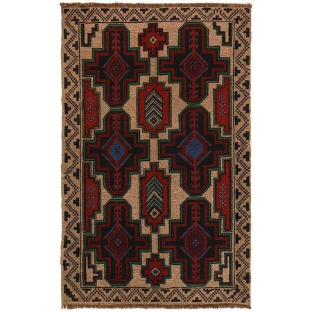 Baluchi Rug Handmade Tan Geometric 4x6 ft