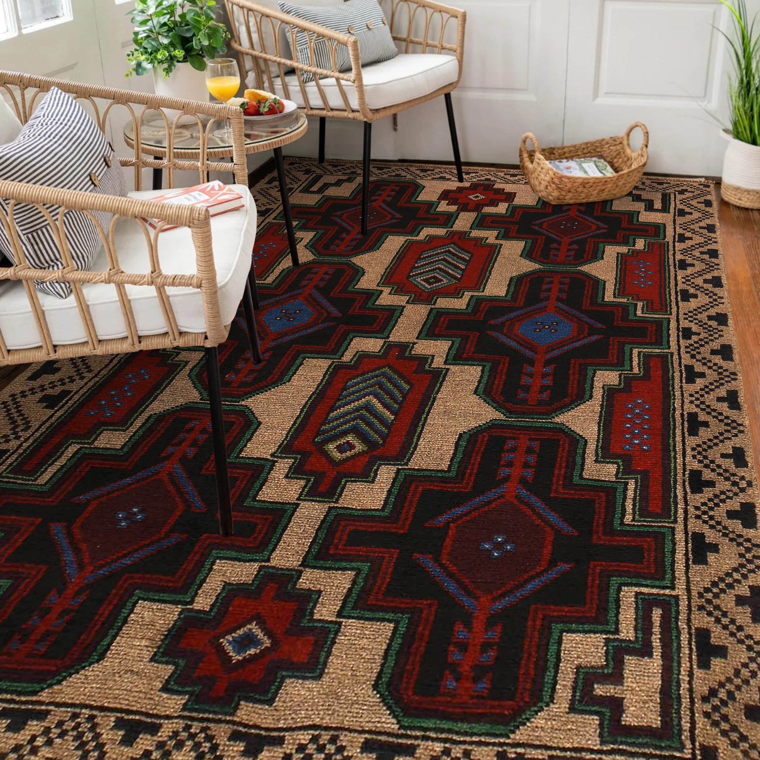 Baluchi Rug Handmade Tan Geometric 4x6 ft