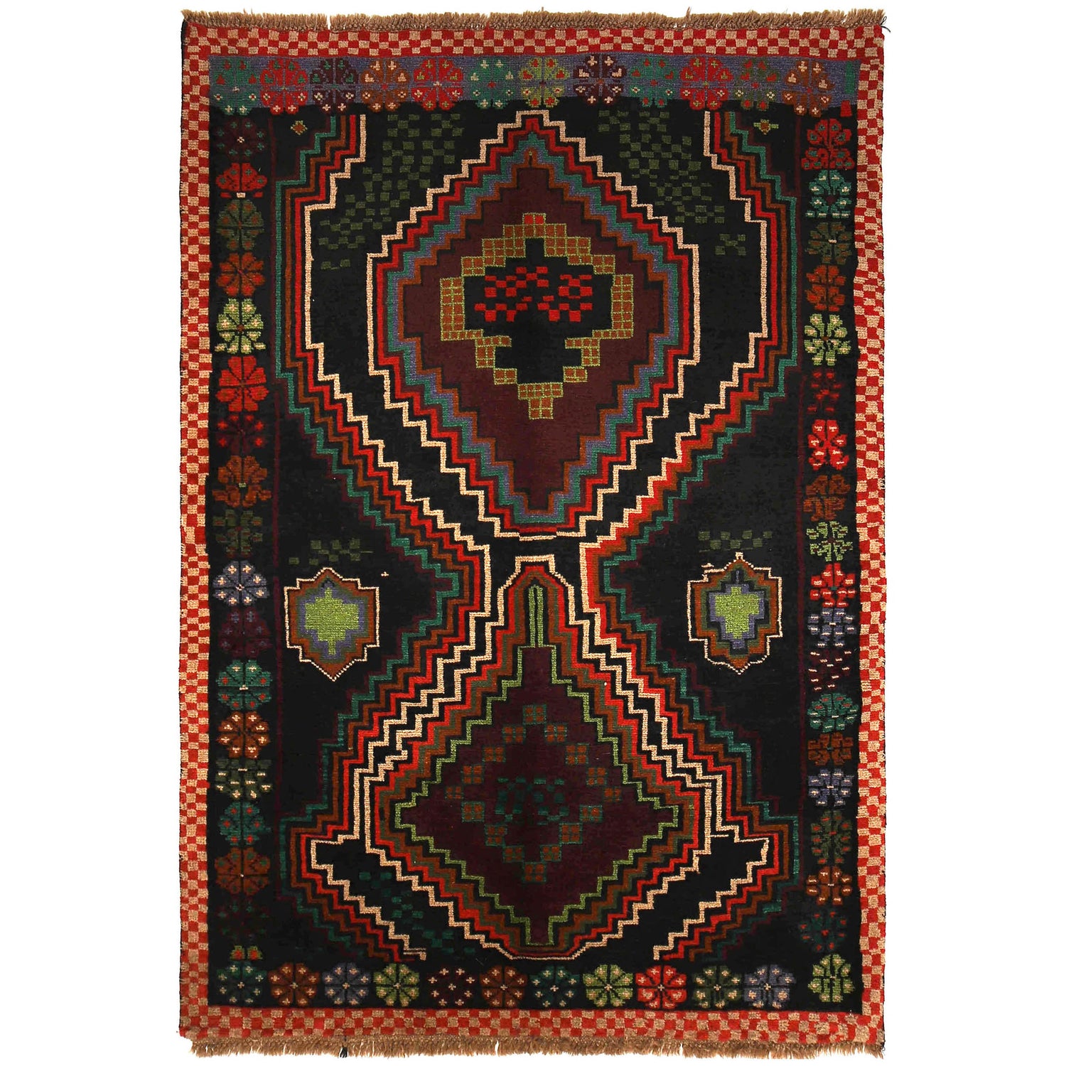 Baluchi Rug Handmade Black Geometric 4x6 ft