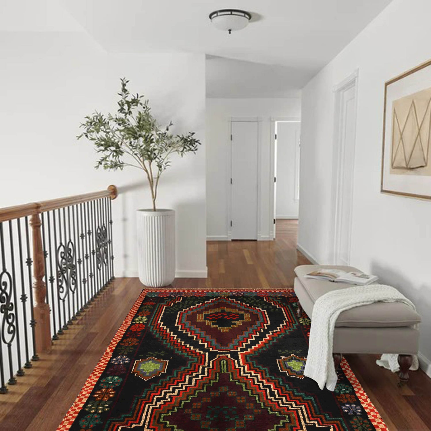 Baluchi Rug Handmade Black Geometric 4x6 ft