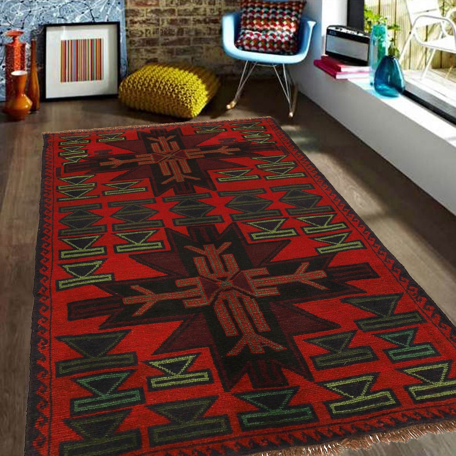 Baluchi Rug Handmade Red Floral 4x6 ft