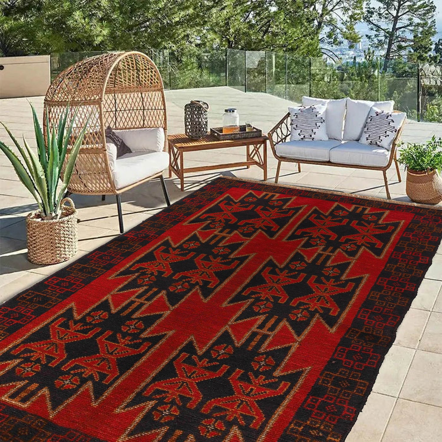 Baluchi Rug Handmade Red Floral 4x6 ft