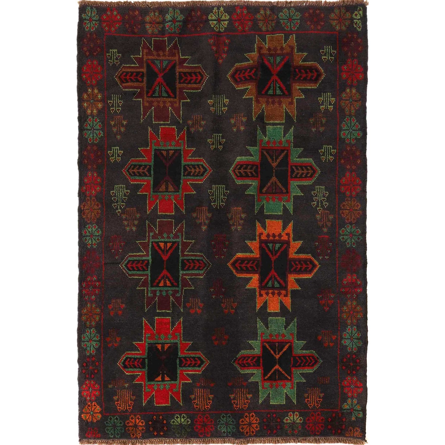 Baluchi Rug Handmade Black Geometric 4x6 ft