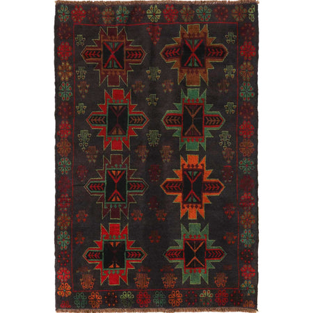Baluchi Rug Handmade Black Geometric 4x6 ft