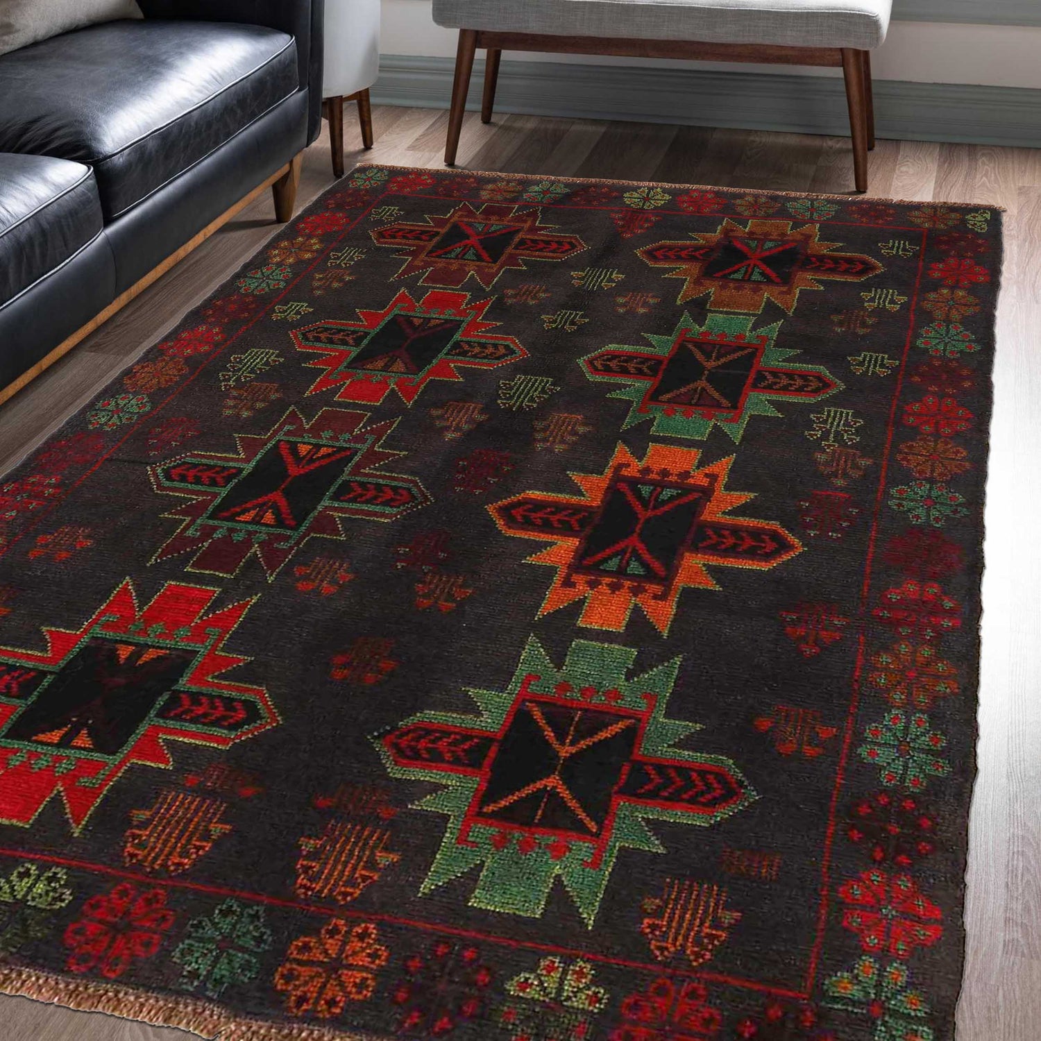 Baluchi Rug Handmade Black Geometric 4x6 ft