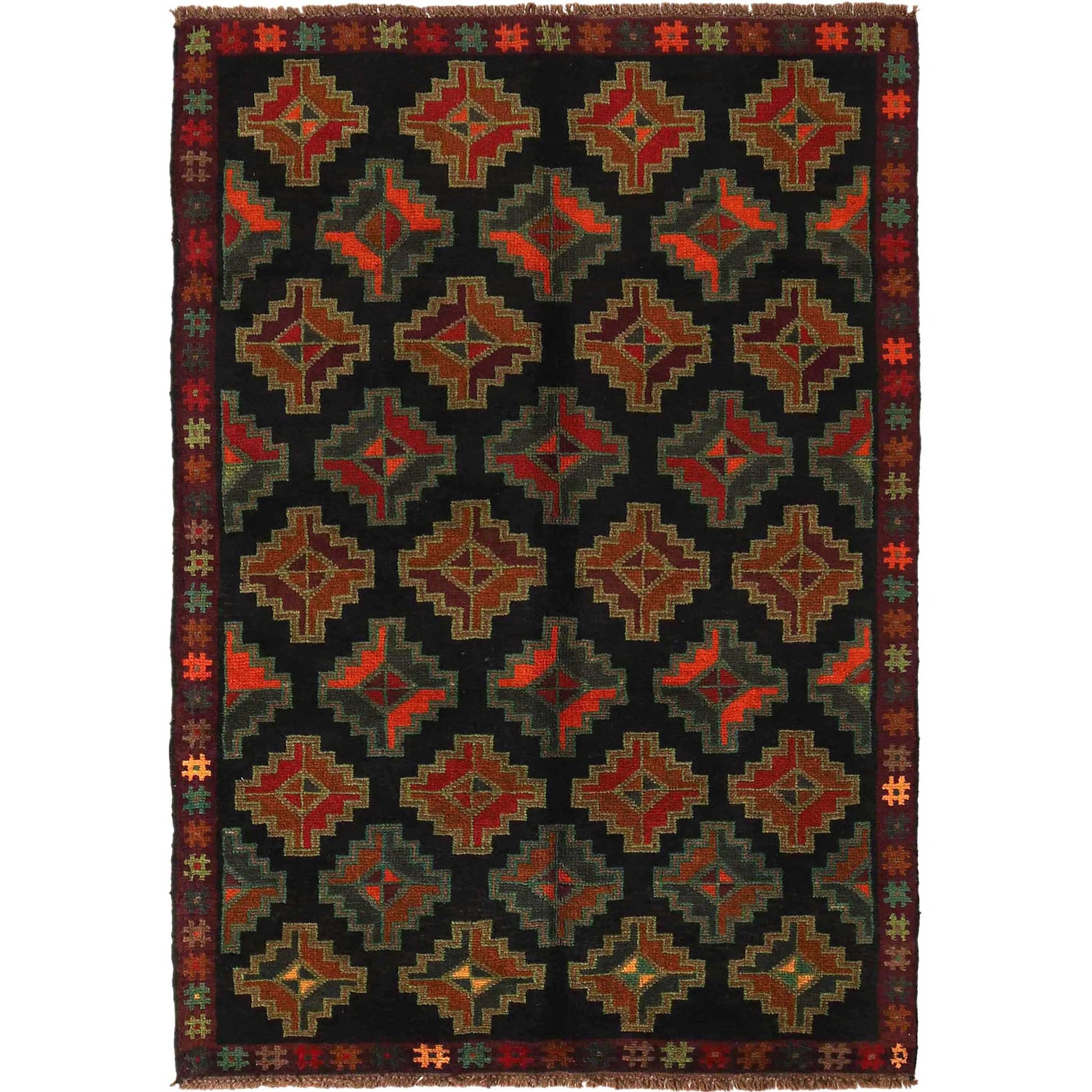 Baluchi Rug Handmade Black Geometric 4x6 ft