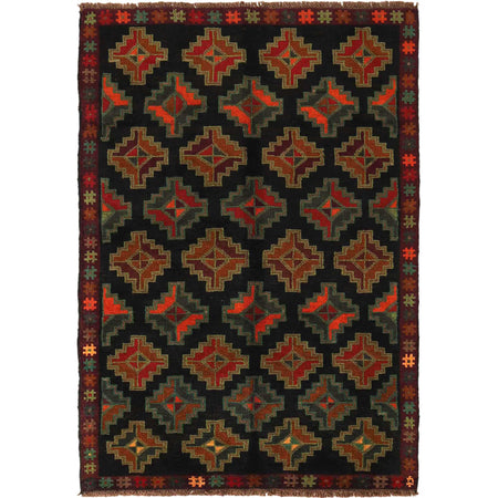 Baluchi Rug Handmade Black Geometric 4x6 ft