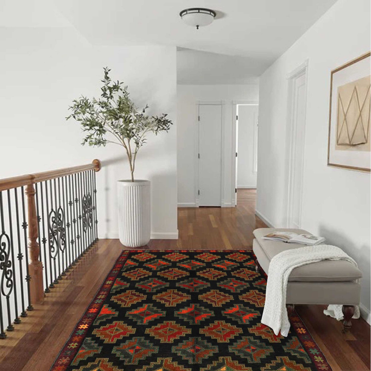 Baluchi Rug Handmade Black Geometric 4x6 ft