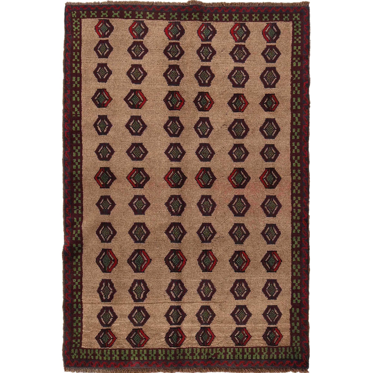 Baluchi Rug Handmade Tan Geometric 4x6 ft