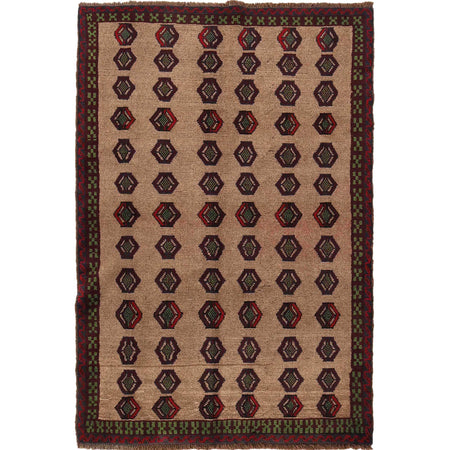 Baluchi Rug Handmade Tan Geometric 4x6 ft