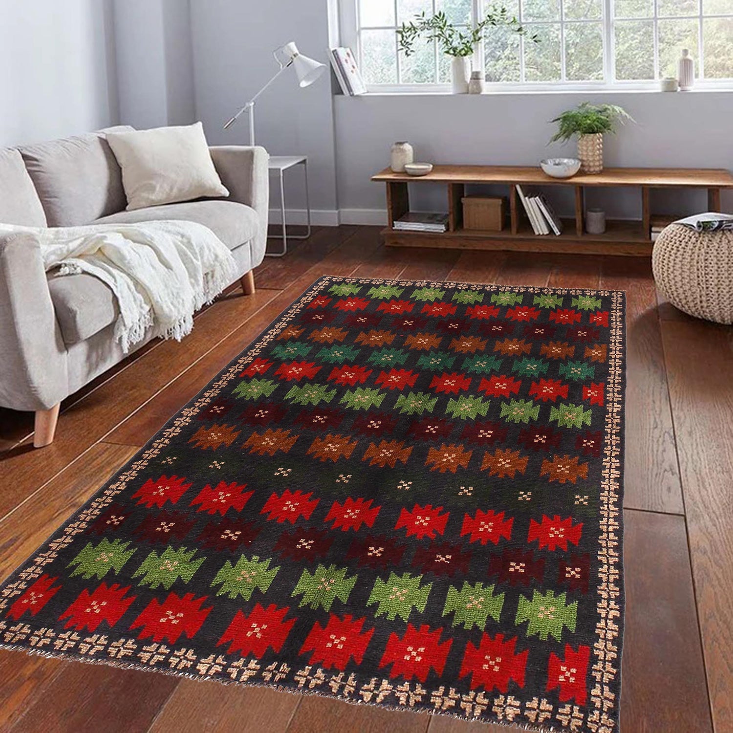Baluchi Rug Handmade Dark Blue Geometric 4x6 ft