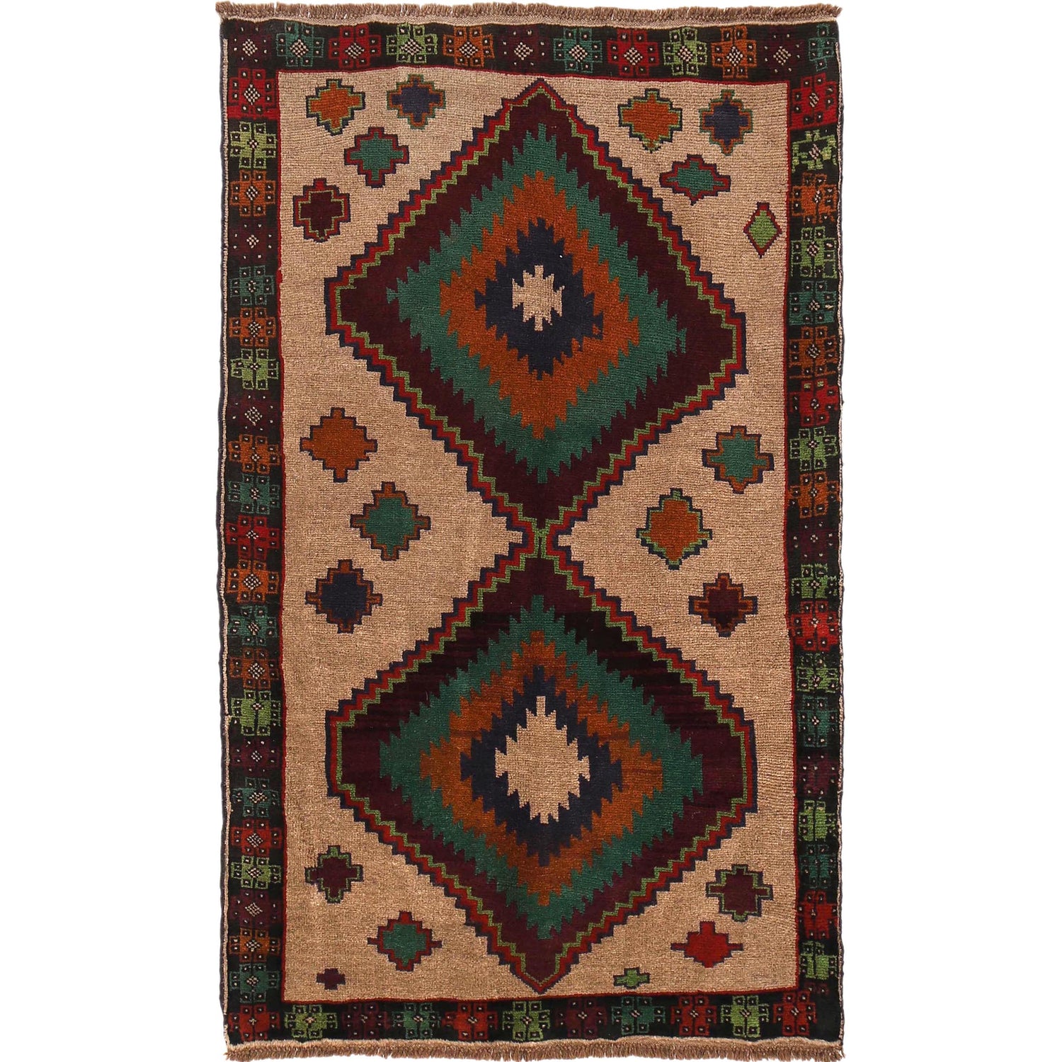 Baluchi Rug Handmade Tan Geometric 4x6 ft