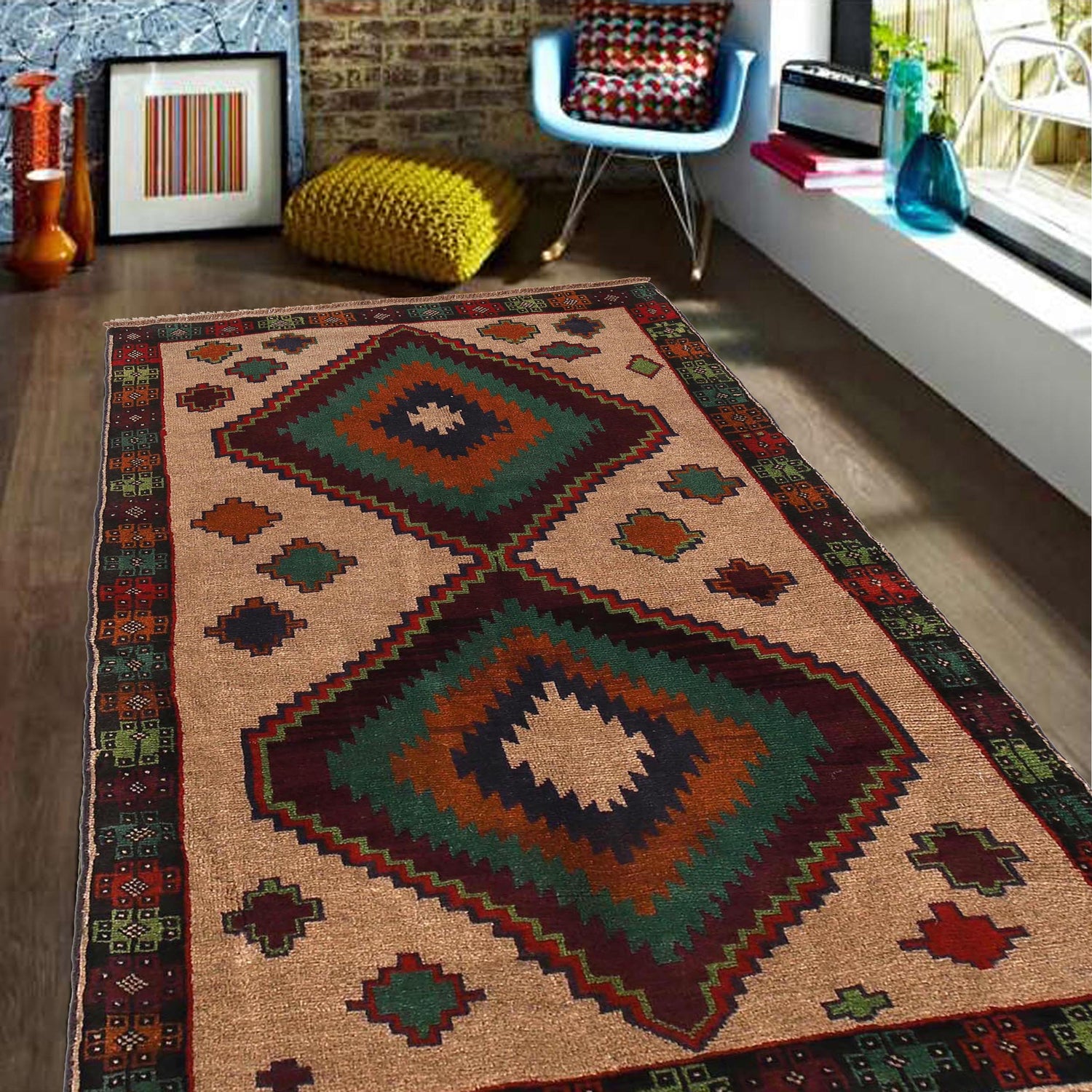 Baluchi Rug Handmade Tan Geometric 4x6 ft