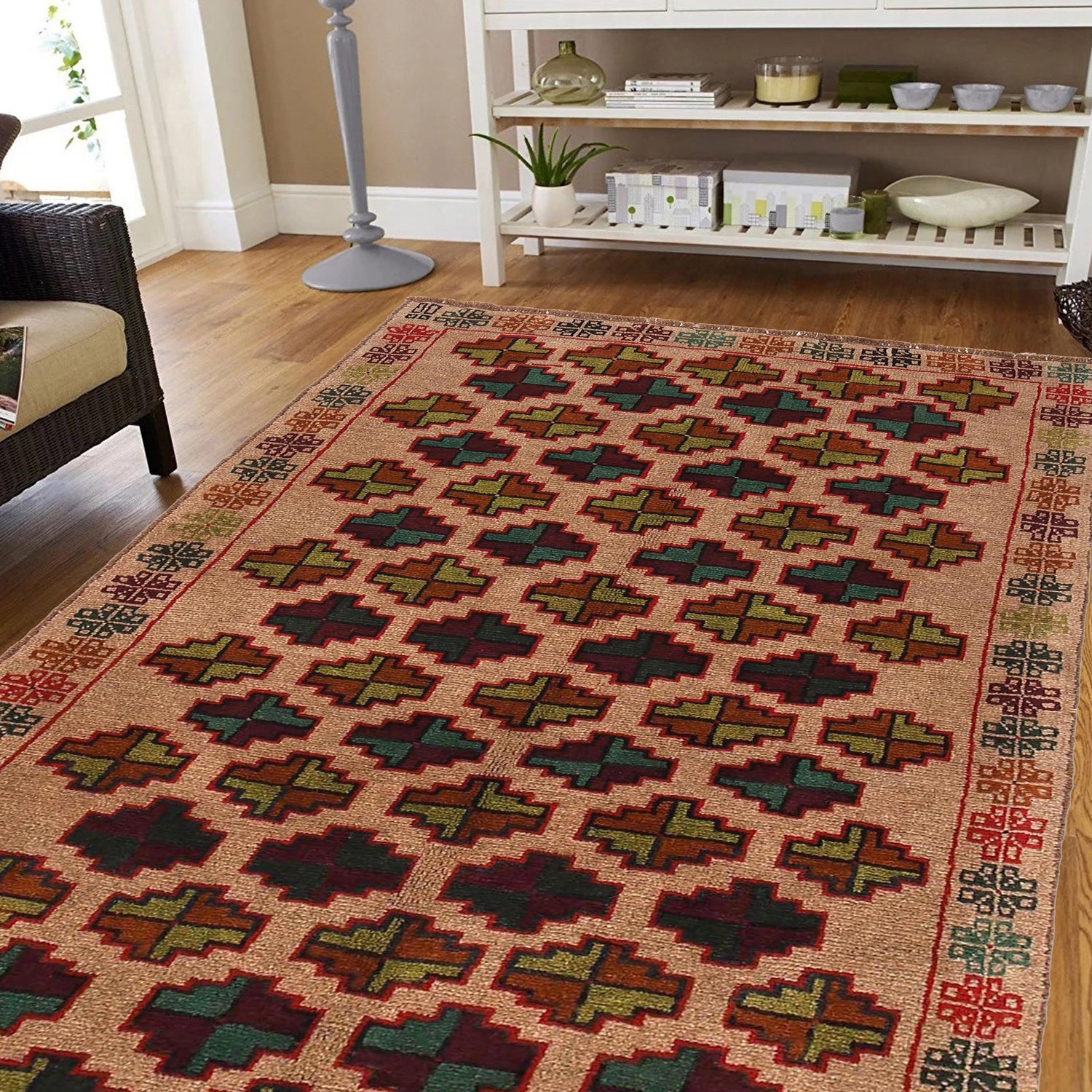 Baluchi Rug Handmade Tan Floral 4x6 ft