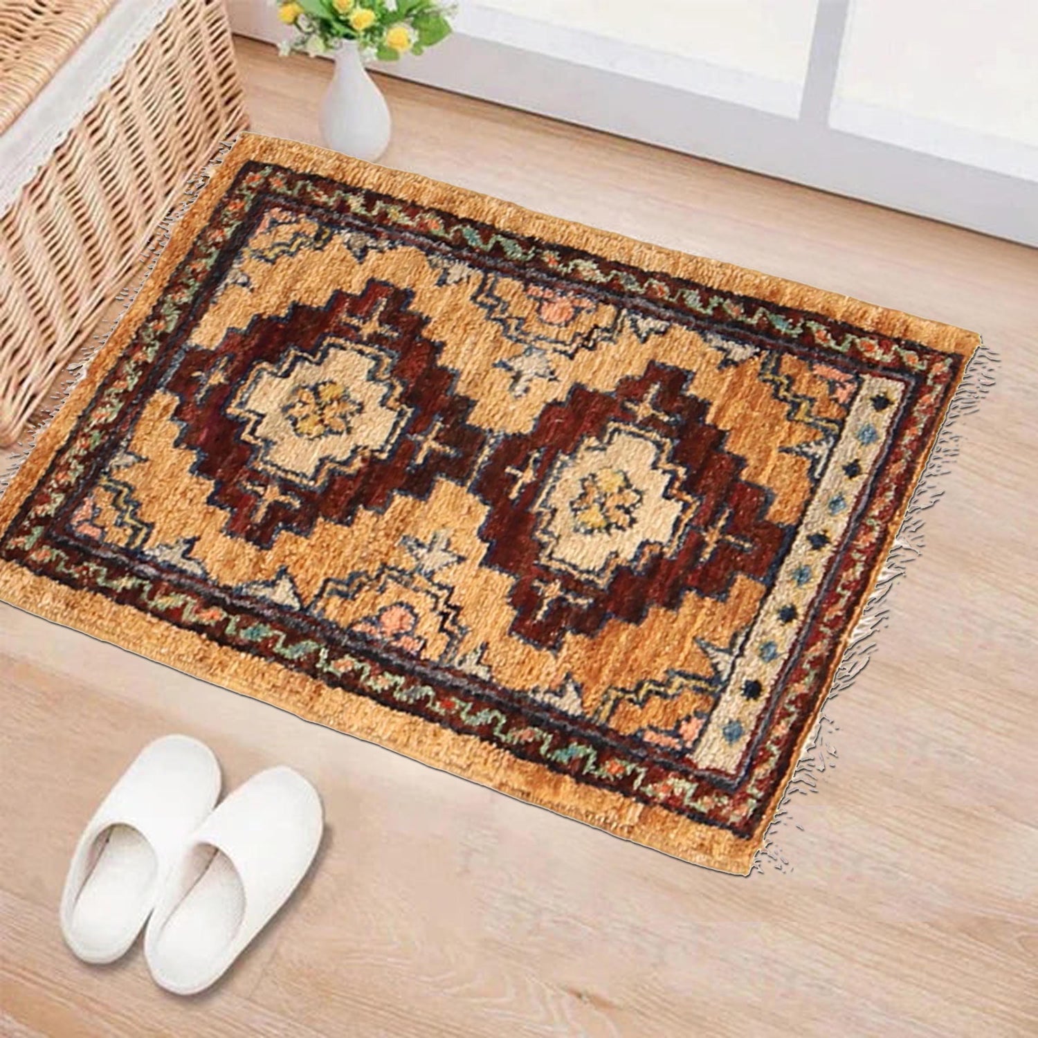 Handmade Wool Doormat Beige Geometric