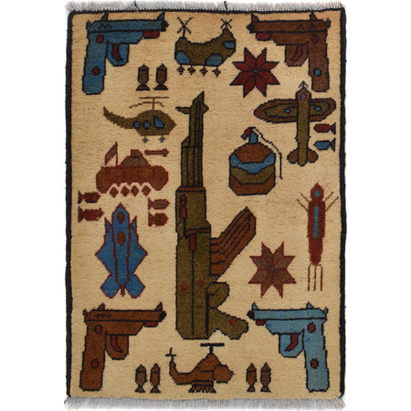 War Area Rug Handmade Beige Helicopter + Grenade + Riffle 2