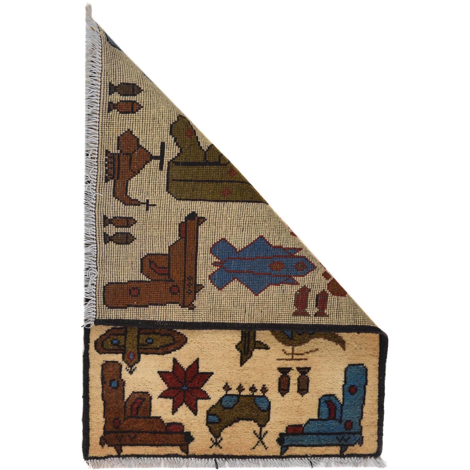 War Area Rug Handmade Beige Helicopter + Grenade + Riffle 2