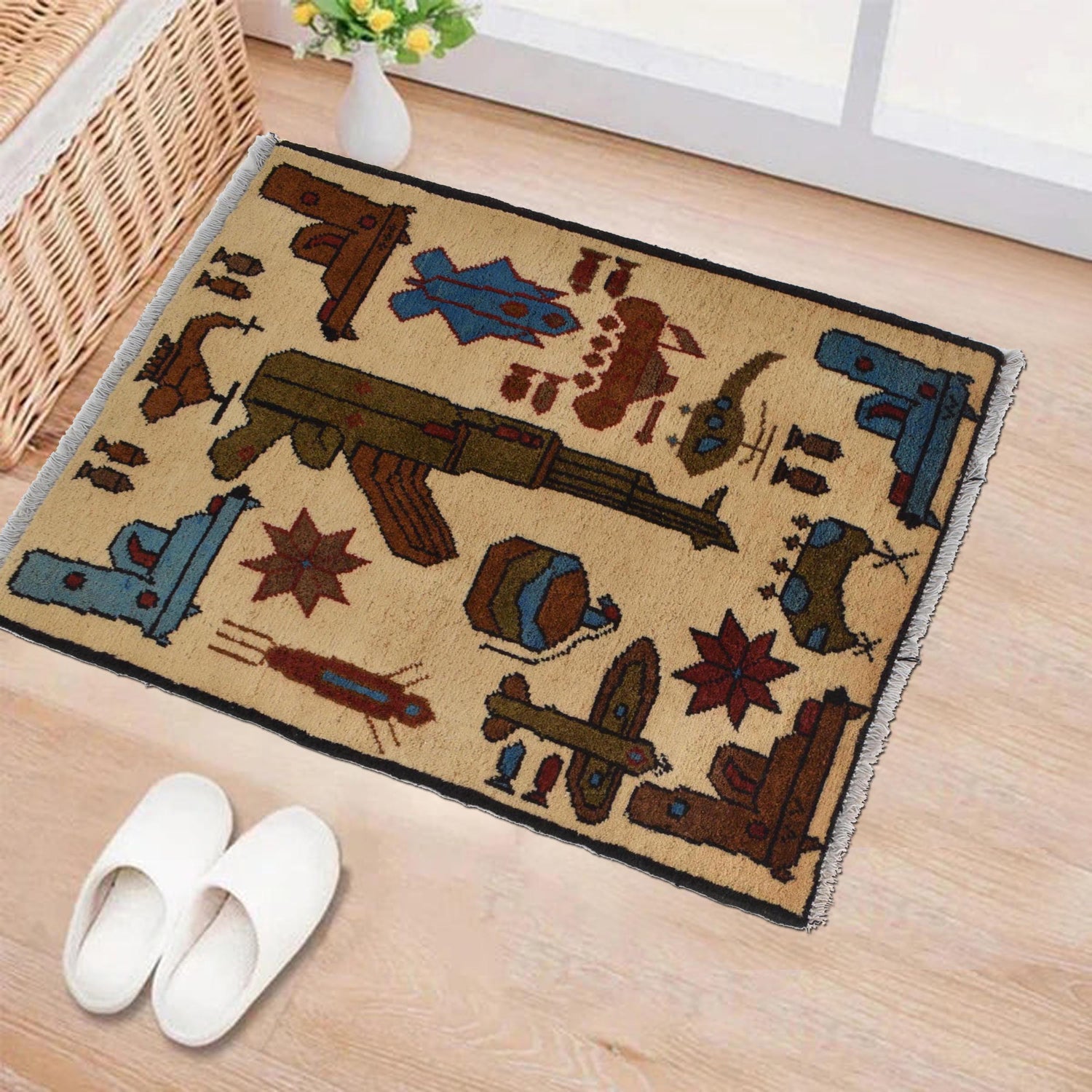 War Area Rug Handmade Beige Helicopter + Grenade + Riffle 2