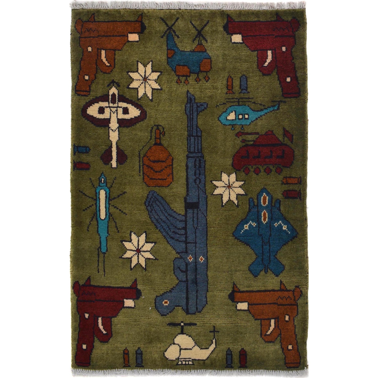 War Area Rug Handmade Green Helicopter + Riffle 2 x 3 ft