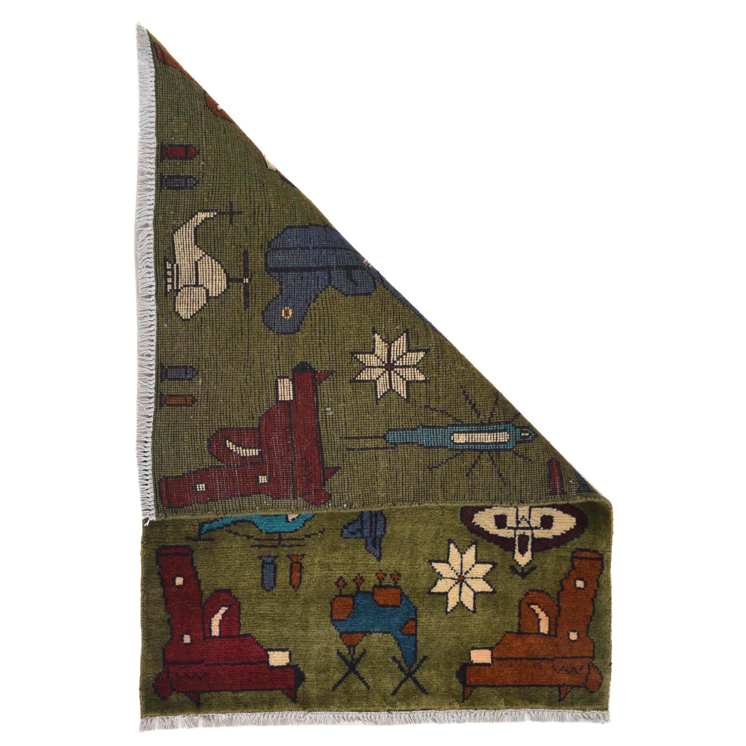 War Area Rug Handmade Green Helicopter + Riffle 2 x 3 ft