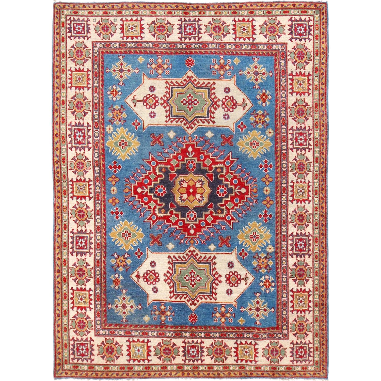 Kazak Rug Handmade Blue Medallion 4x7 ft