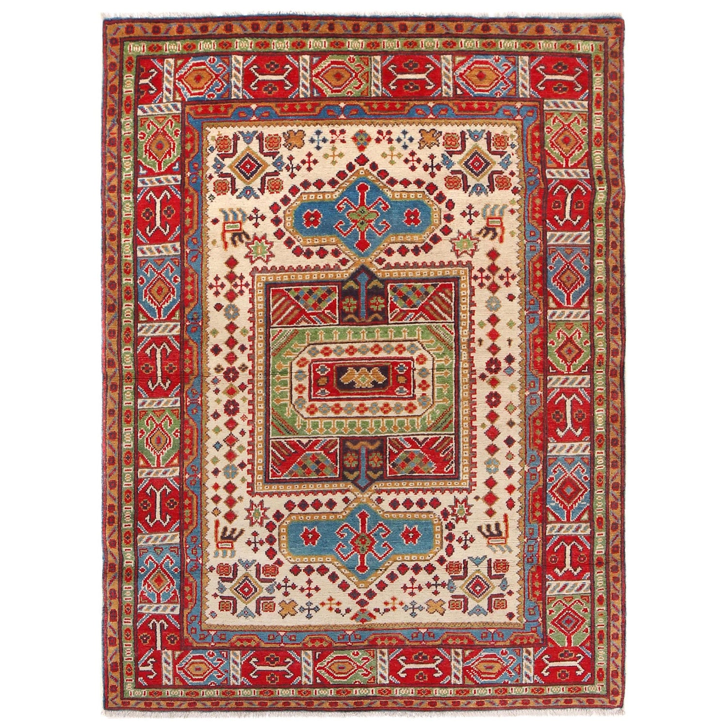 Kazak Rug Handmade Beige Medallion 4x7 ft