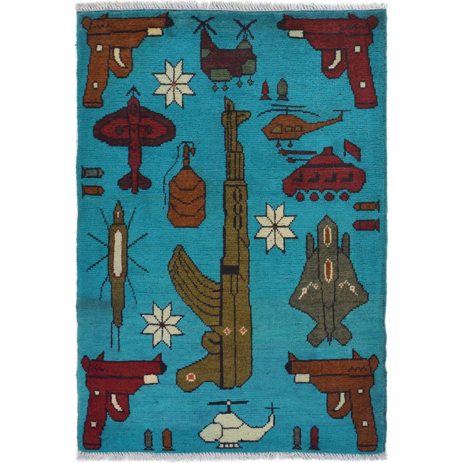 War Area Rug Handmade Blue Helicopter + Rifle 2 x 3 ft